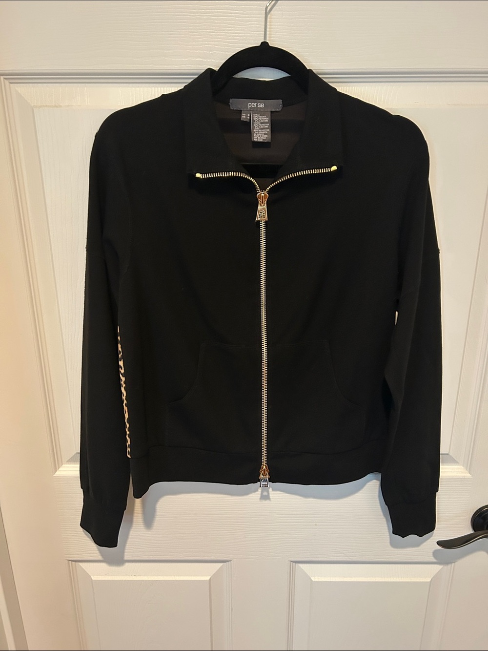 Per Se Black Bomber Jacket with Leopard Back